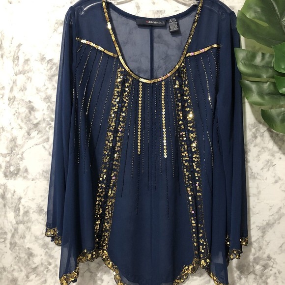 Denim 24/7 Womens Size 12 Blouse Blue Sheer Gold  Sequin Tunic Top - Picture 1 of 14